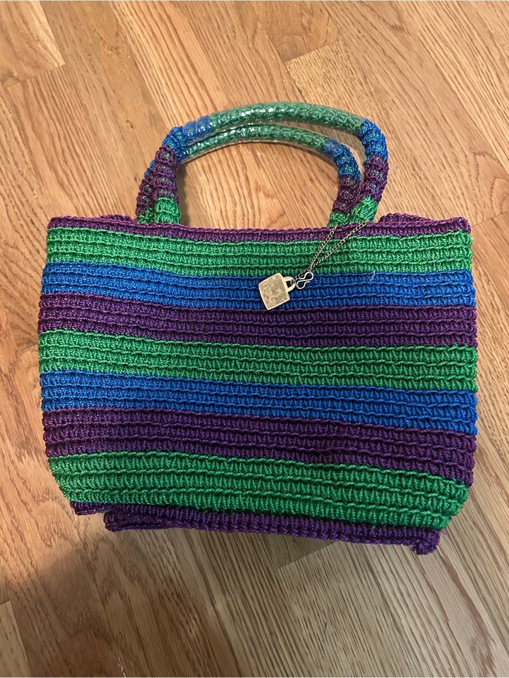 Handwoven Striped Crochet Tote Bag - Green, Blue & Purple